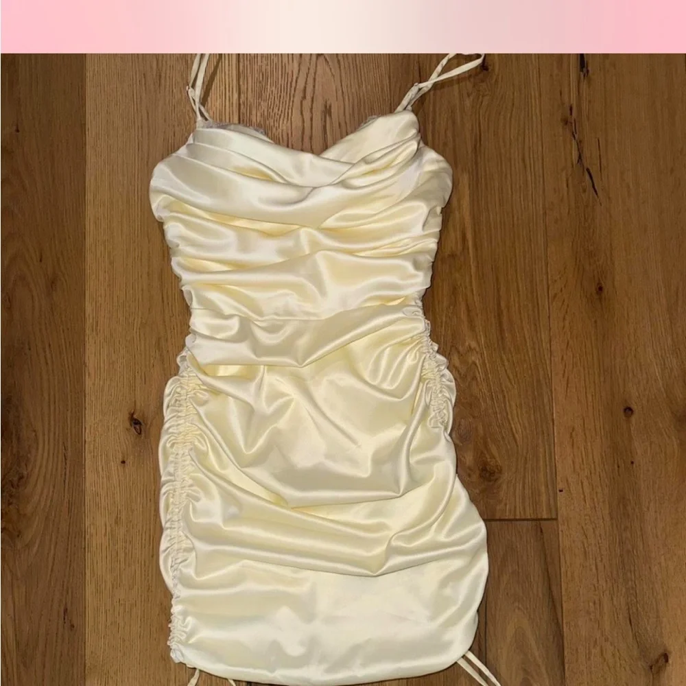 Oh Polly All For You lace trim satin mini cowl neck dress in oyster white - Picture 4 of 7